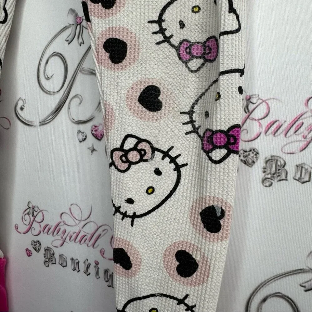Hello kitty leggings waffle knit thermal cat pants kids cute pink stretchy